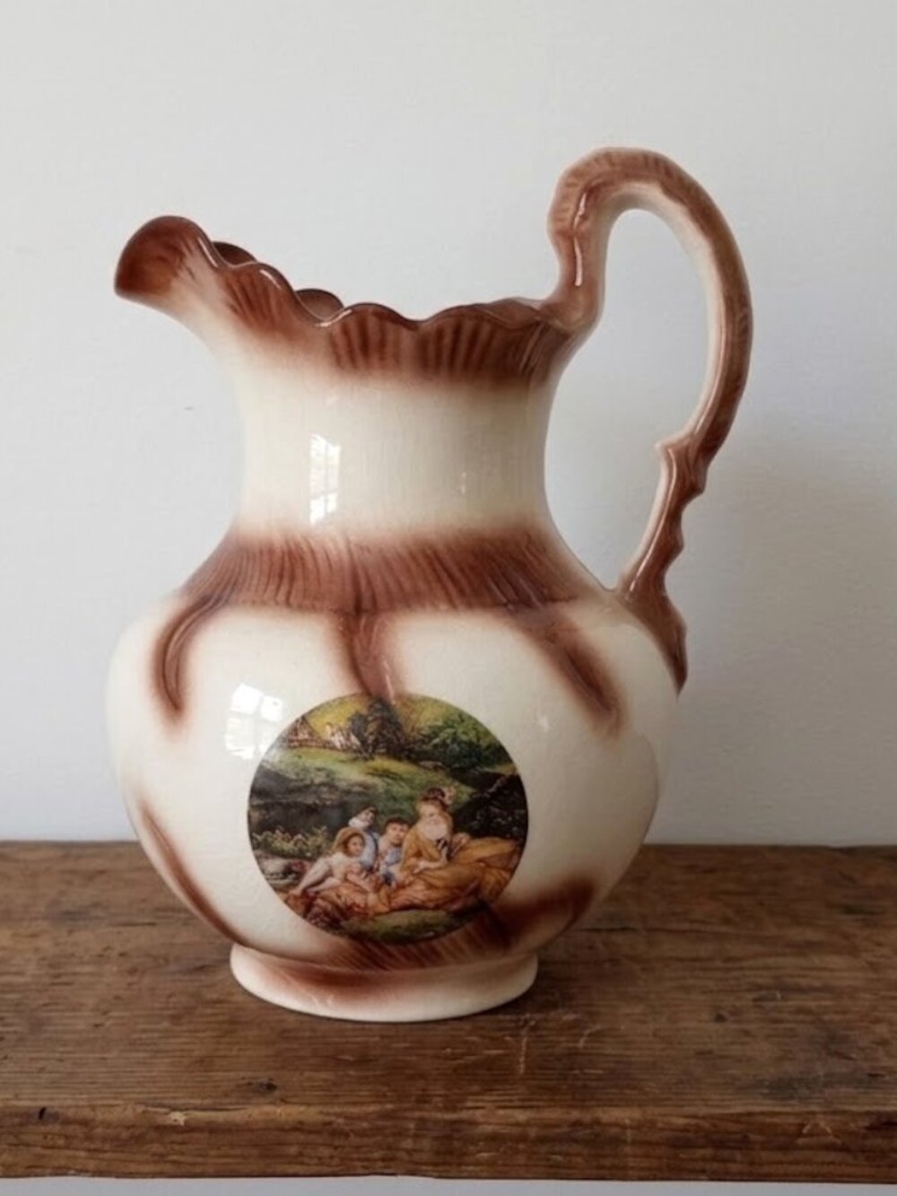 Vintage Ceramic Water Pitcher Jug Country Pastoral Victorian Brown Drip Glaze